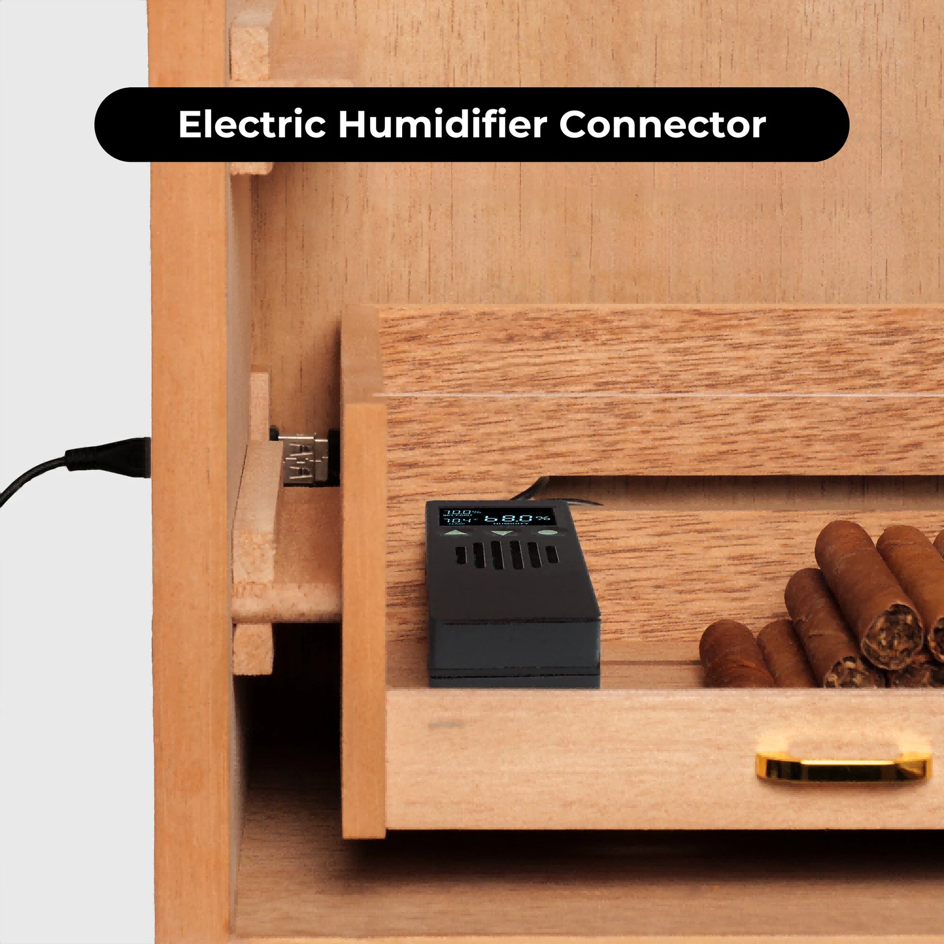 Electric humidifier connector with USB port, eliminating leaks and drilling for hassle-free humidity control.