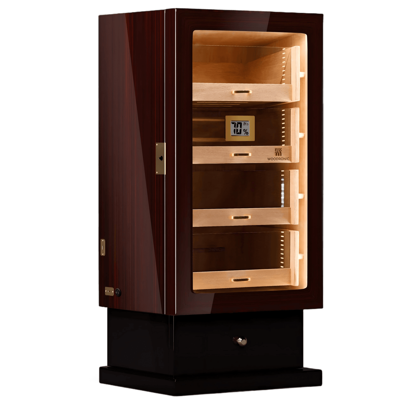 Glossy ebony wood 4-drawer cigar humidor with LED lighting, digital hygrometer, and lockable base, ideal for premium cigar storage.