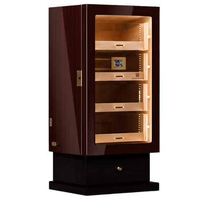 Glossy ebony wood 4-drawer cigar humidor with LED lighting, digital hygrometer, and lockable base, ideal for premium cigar storage.