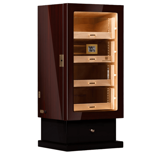 Glossy ebony wood 4-drawer cigar humidor with LED lighting, digital hygrometer, and lockable base, ideal for premium cigar storage.