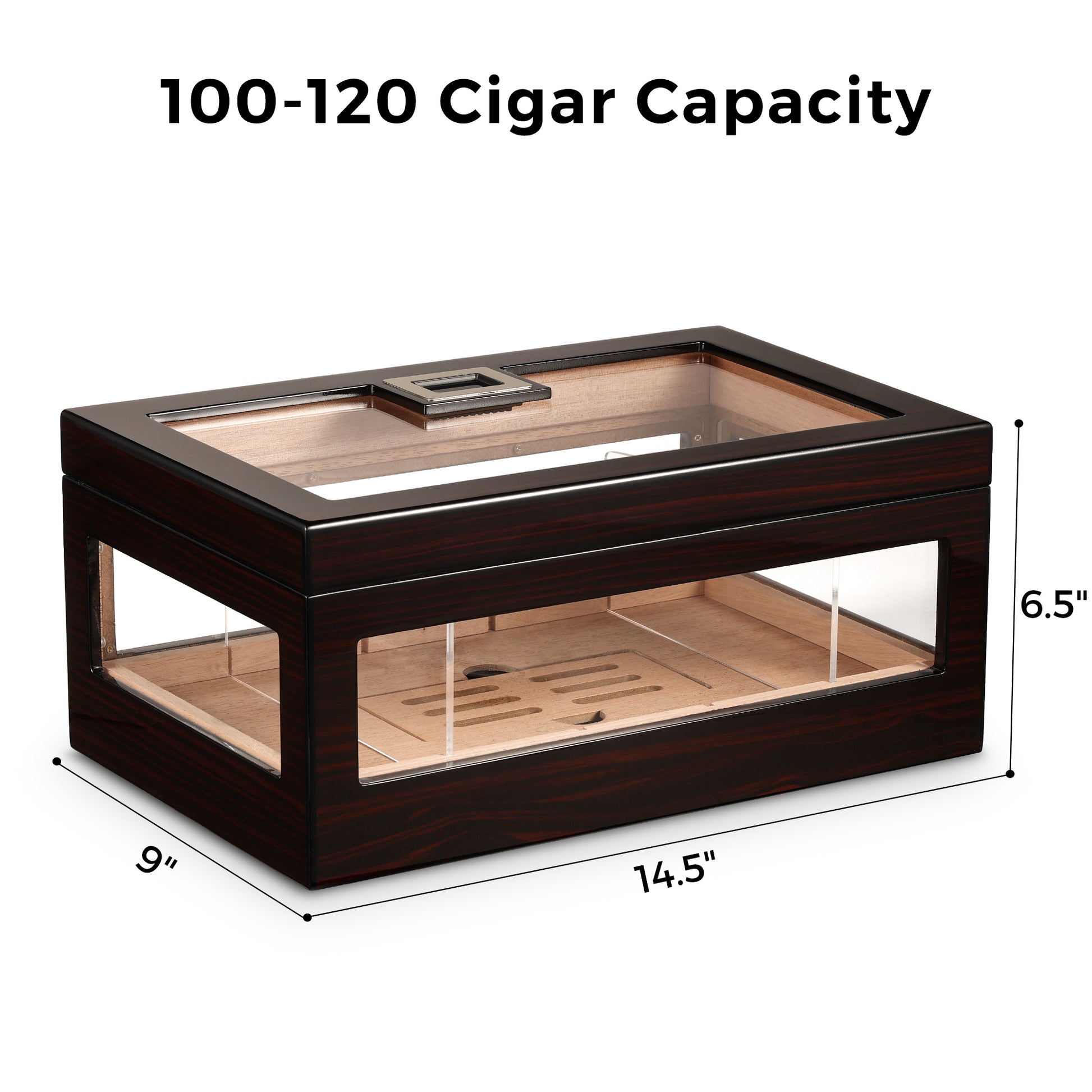 100-120 cigar capacity humidor with dimensions 14.5x9x6.5 inches, featuring glass windows and Spanish cedar lining for large collections.
