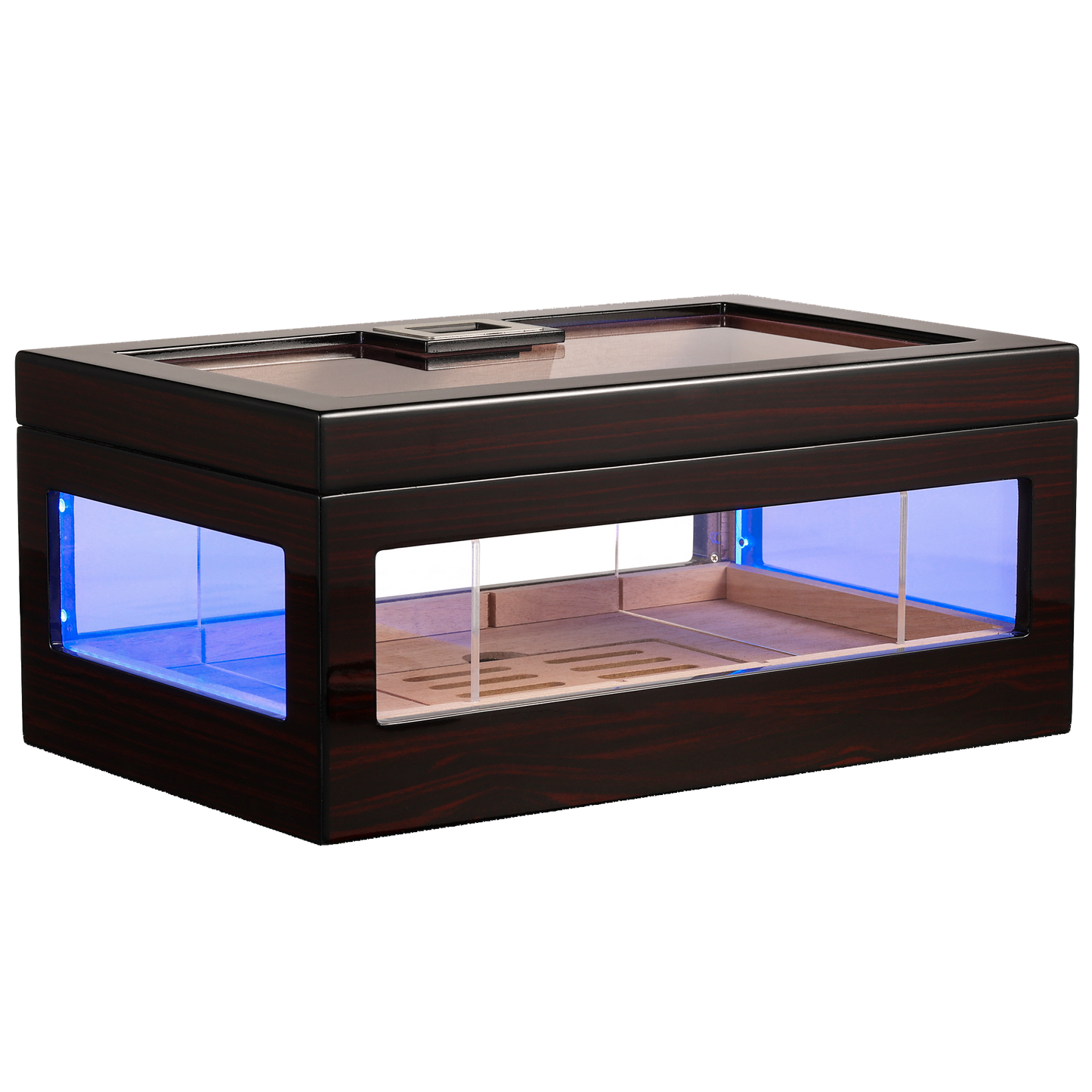 Ebony wood cigar humidor with RGB LED lighting, glass windows, and Spanish cedar interior, ideal for premium cigar display and storage.
