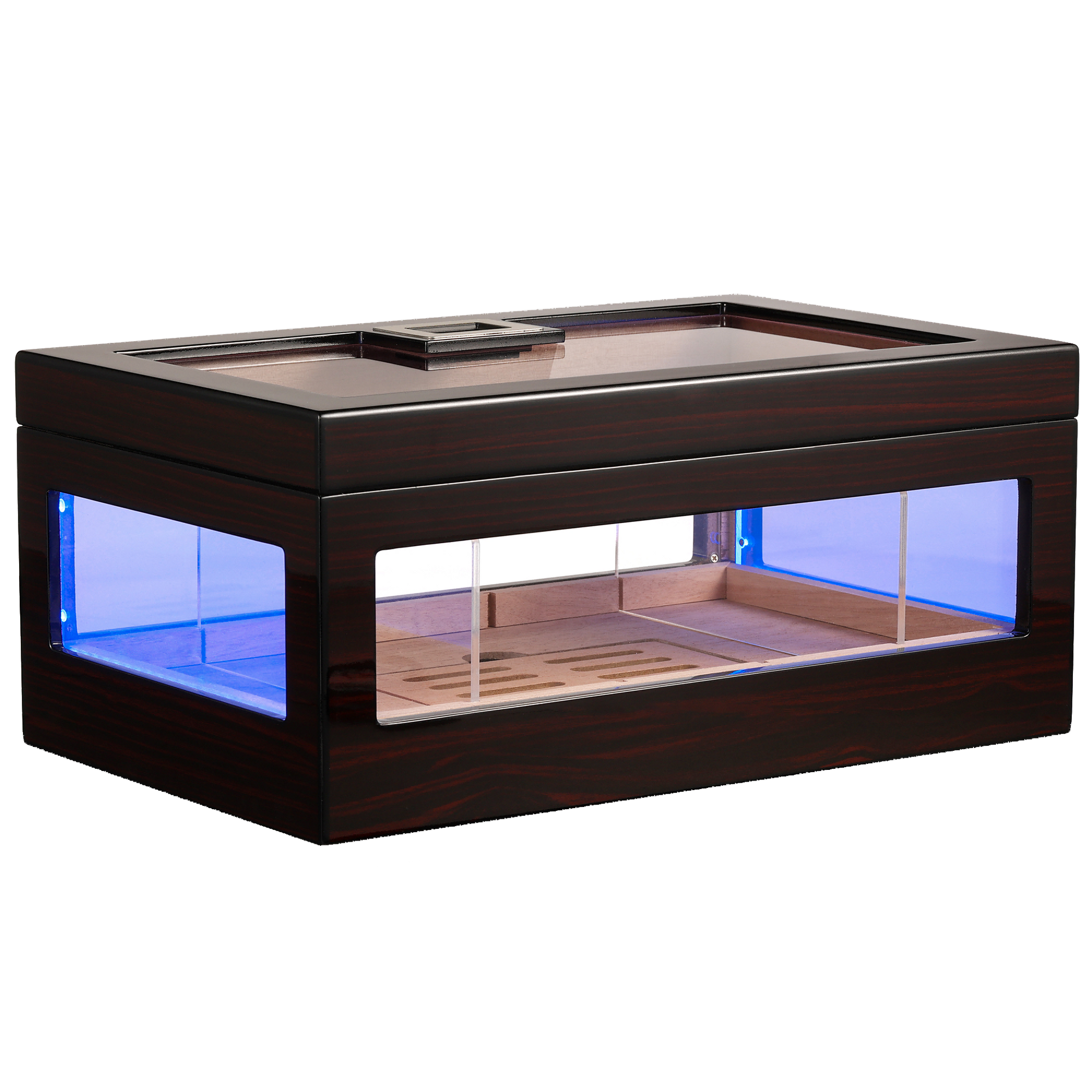 Ebony wood cigar humidor with RGB LED lighting, glass windows, and Spanish cedar interior, ideal for premium cigar display and storage.

