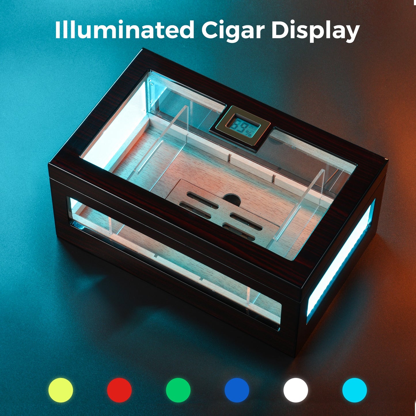 RGB LED illuminated cigar humidor with 6 color options, digital hygrometer, and glass windows for customizable, stylish cigar display.