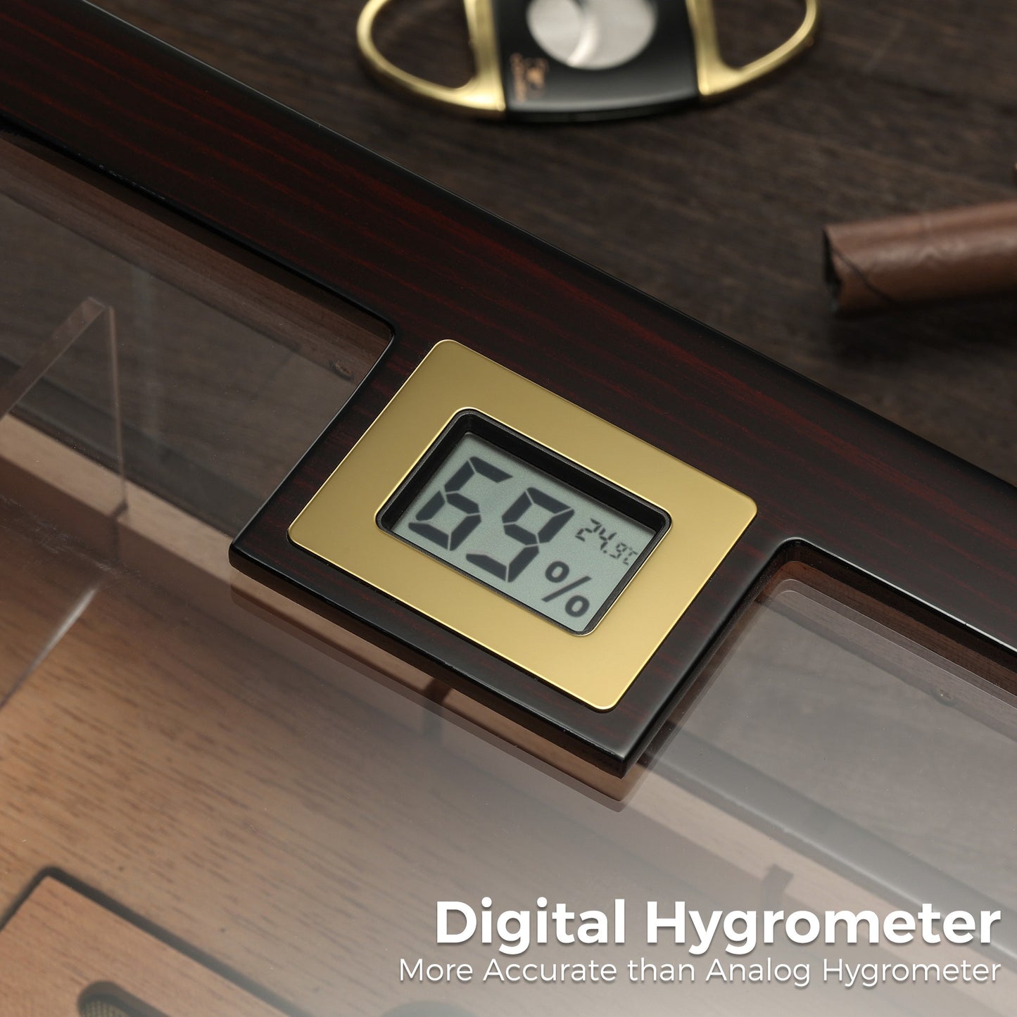 Digital hygrometer on cigar humidor, offering accurate humidity and temperature readings for precise cigar storage monitoring.