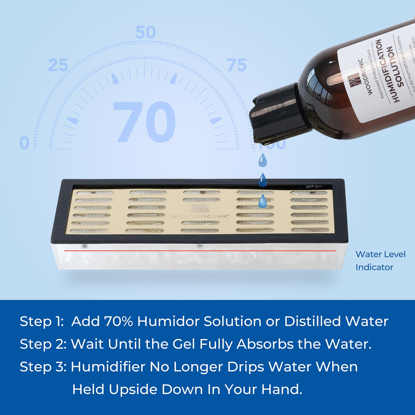 Step-by-step guide to using gold crystal gel humidifier: add 70% solution/water, wait for absorption, ensure no dripping.