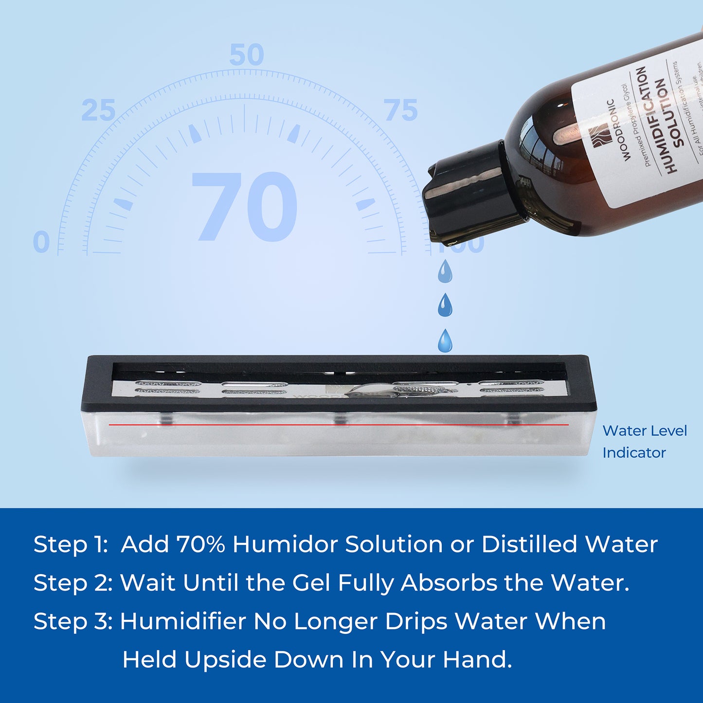 Usage demo for silver crystal gel humidifier: simple 3-step process to maintain ideal 70% humidity for cigars.