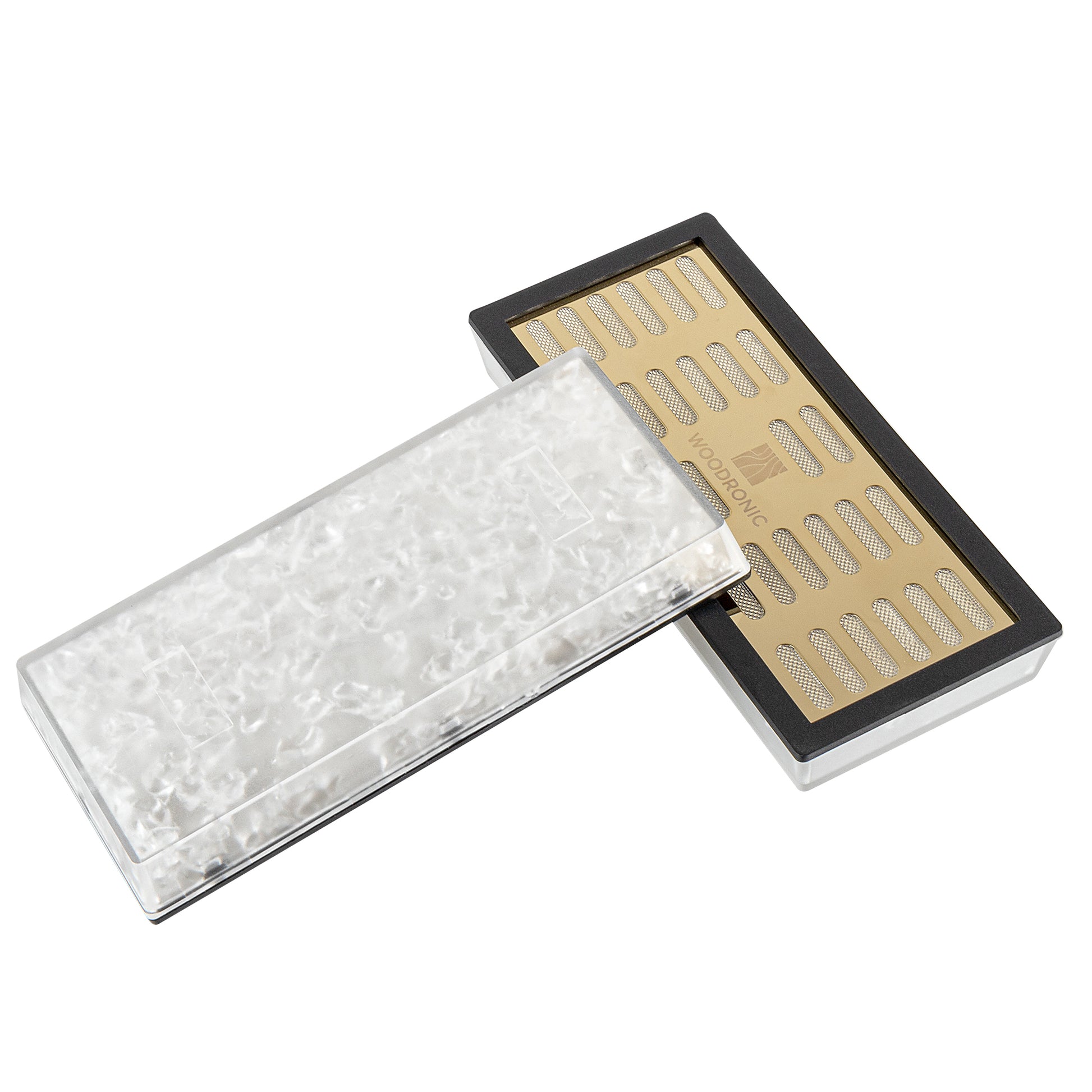 Gold humidifier with transparent cover, revealing internal crystal gel for slow, even moisture distribution.