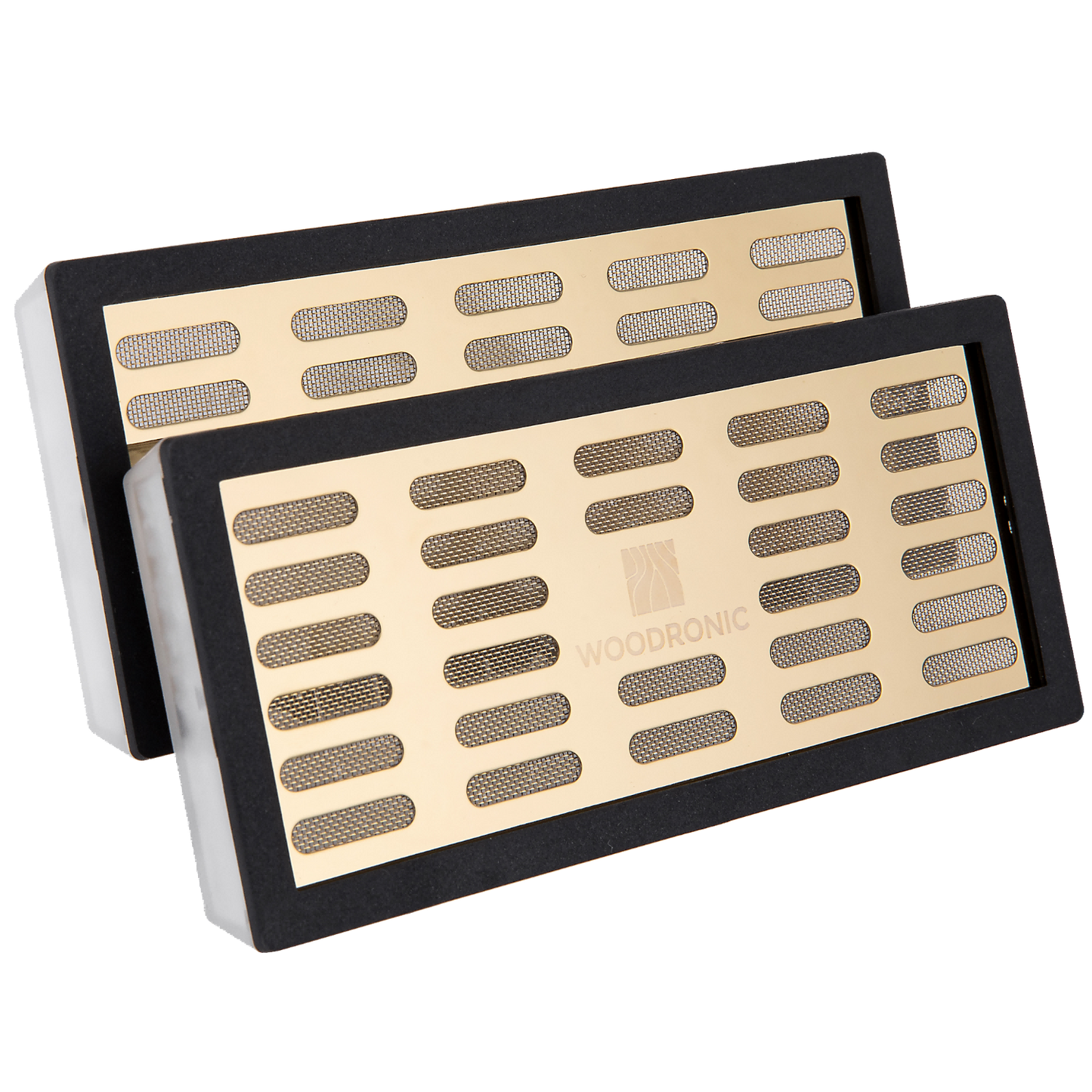 Gold-plated crystal gel cigar humidifiers with mesh vents, designed for consistent humidity control in cigar humidors.