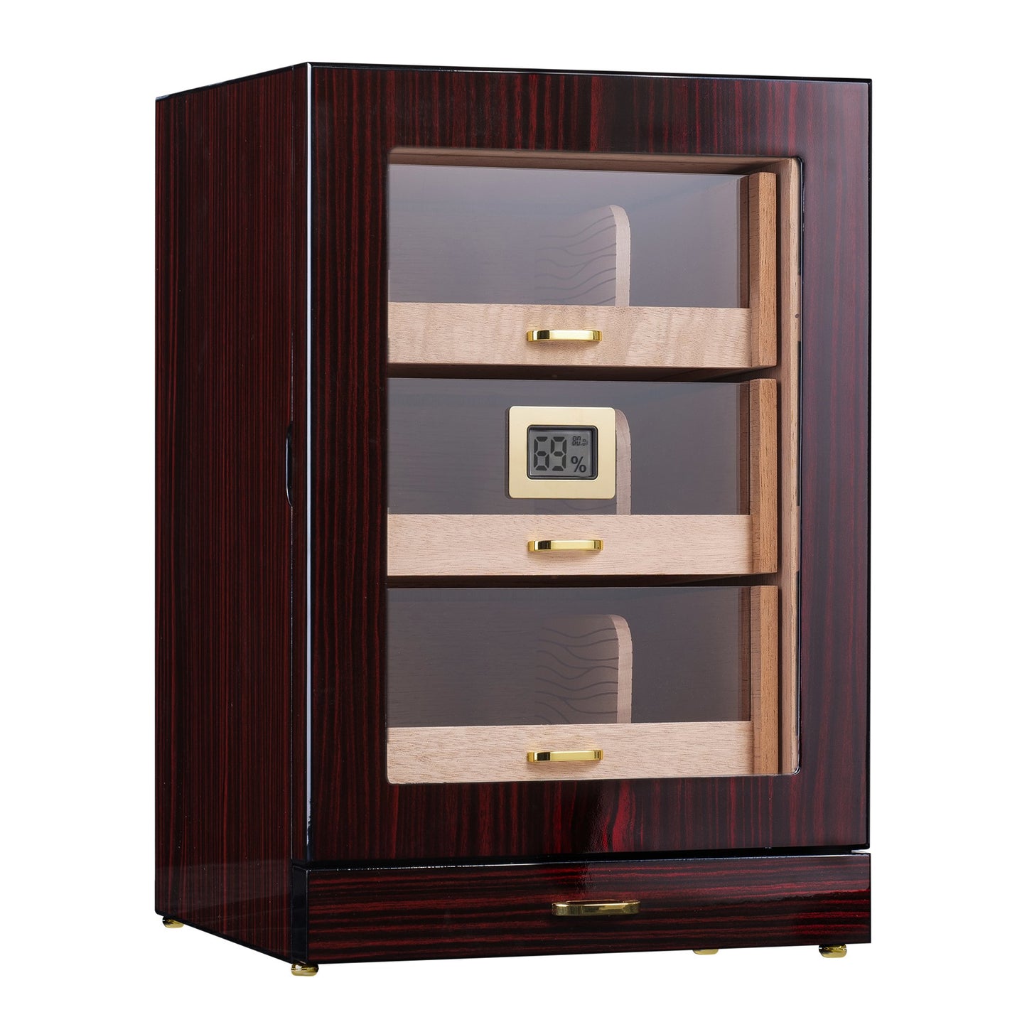 Empty 3-drawer cigar humidor with glossy ebony finish, gold hardware, and Spanish cedar interior, ready for cigar storage.