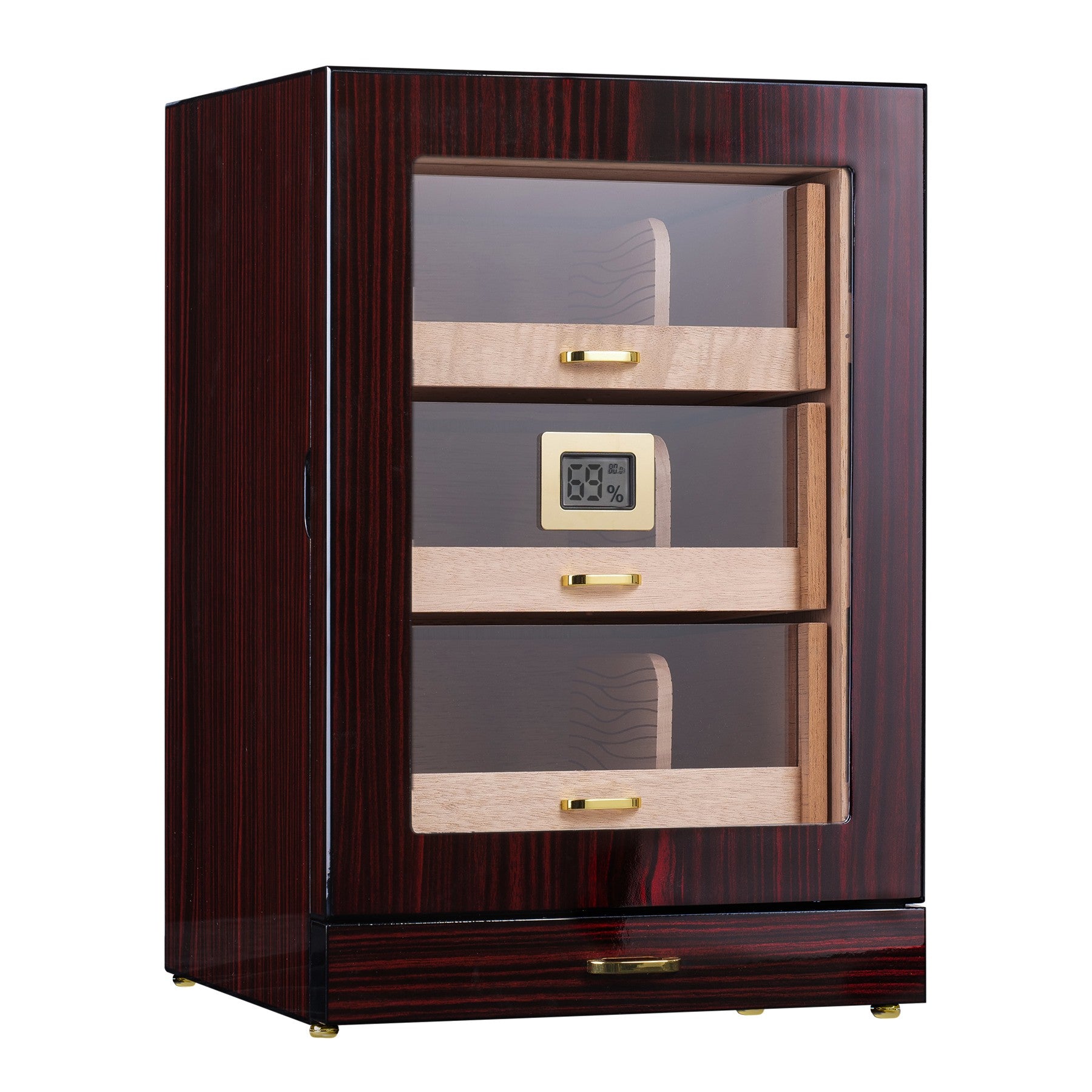 Empty 3-drawer cigar humidor with glossy ebony finish, gold hardware, and Spanish cedar interior, ready for cigar storage.
