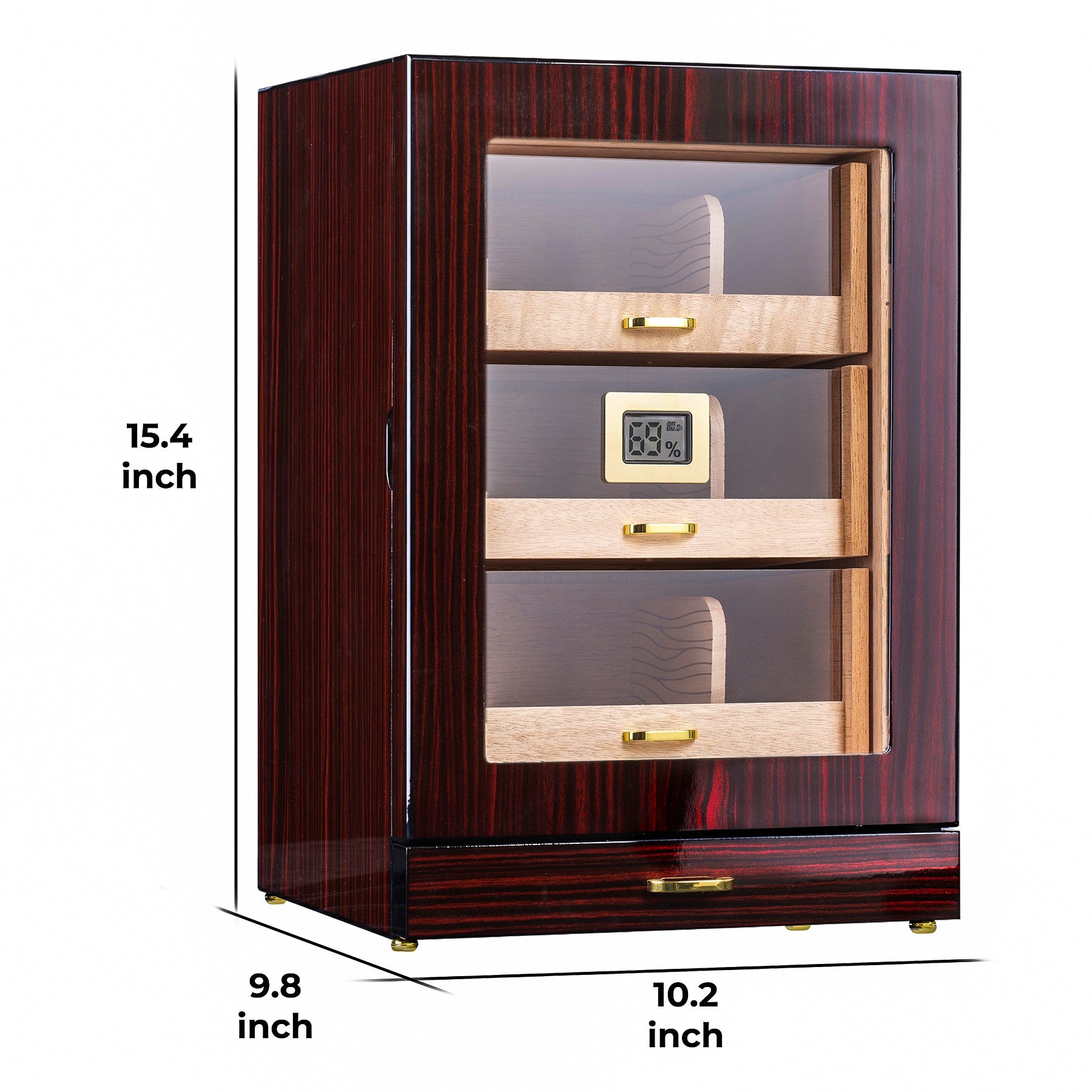 Glossy ebony 3-drawer cigar humidor with dimensions 10.2x9.8x15.4 inches, featuring digital hygrometer, gold hardware, and Spanish cedar interior.