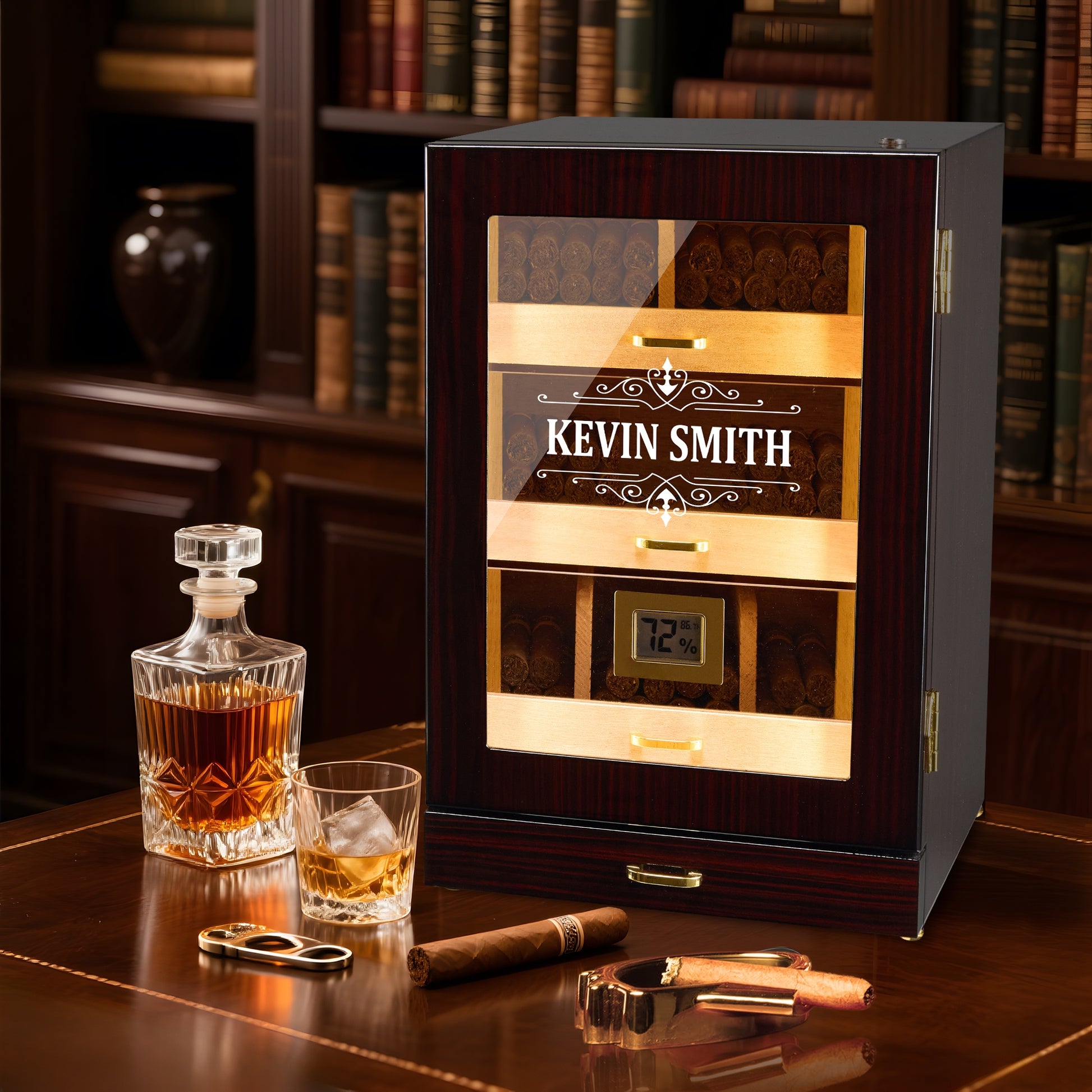 Custom engraved cigar humidor with ornate "KEVIN SMITH" border, showcasing premium personalized design for special occasions.