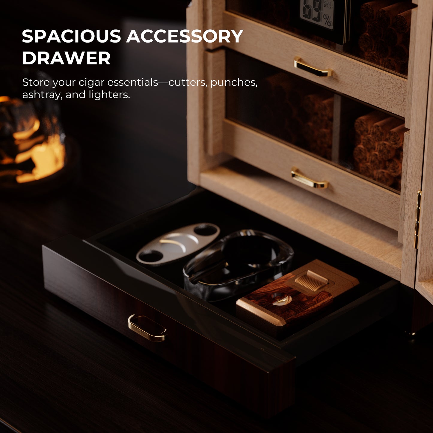 Spacious accessory drawer for cigar essentials: cutters, ashtrays, lighters, and humidifiers, demonstrating functional organization.