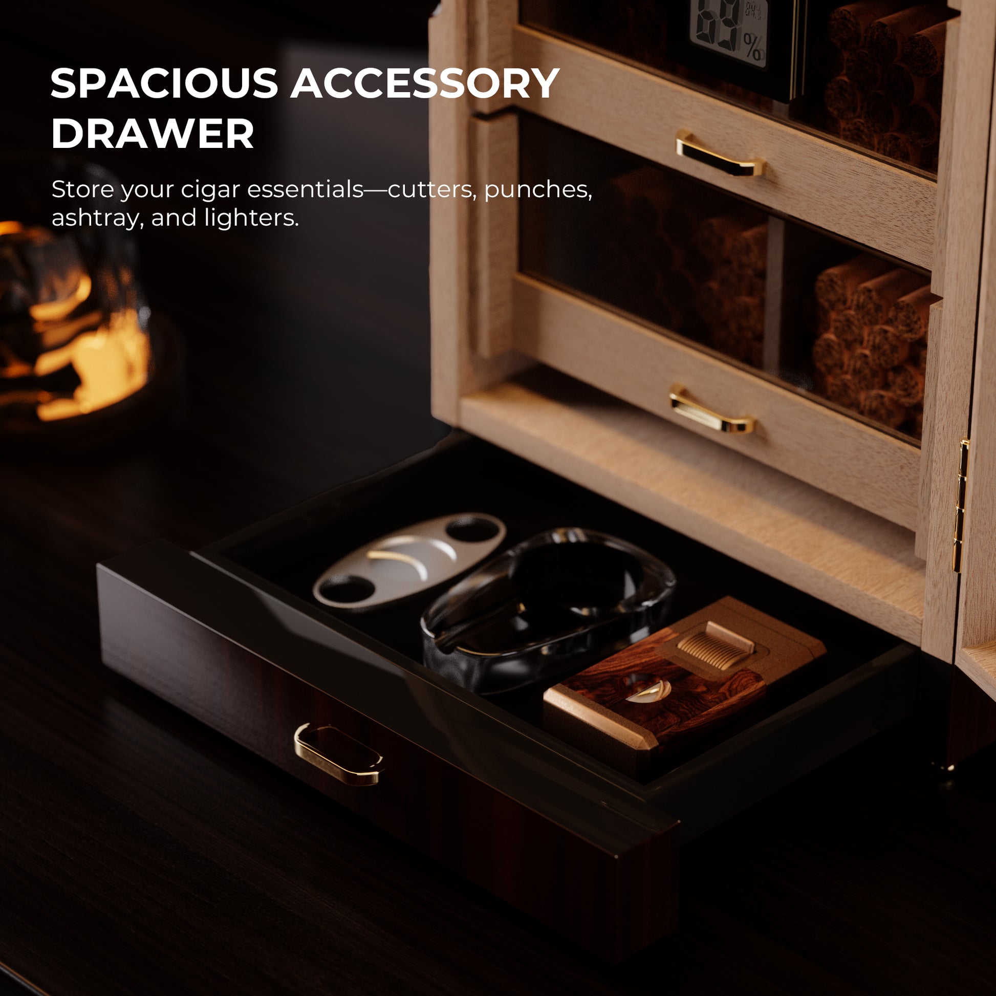 Spacious accessory drawer for cigar essentials: cutters, ashtrays, lighters, and humidifiers, demonstrating functional organization.
