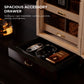 Spacious accessory drawer for cigar essentials: cutters, ashtrays, lighters, and humidifiers, demonstrating functional organization.