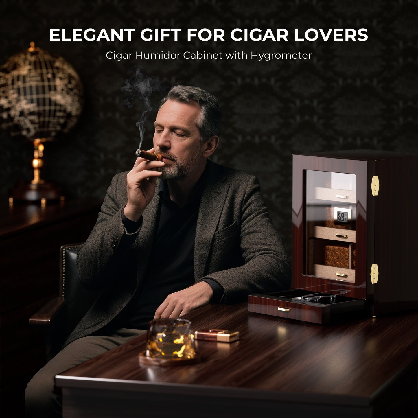 Sophisticated man enjoying a cigar beside the glossy ebony humidor, positioning it as an elegant gift for cigar lovers in a luxury study setting.