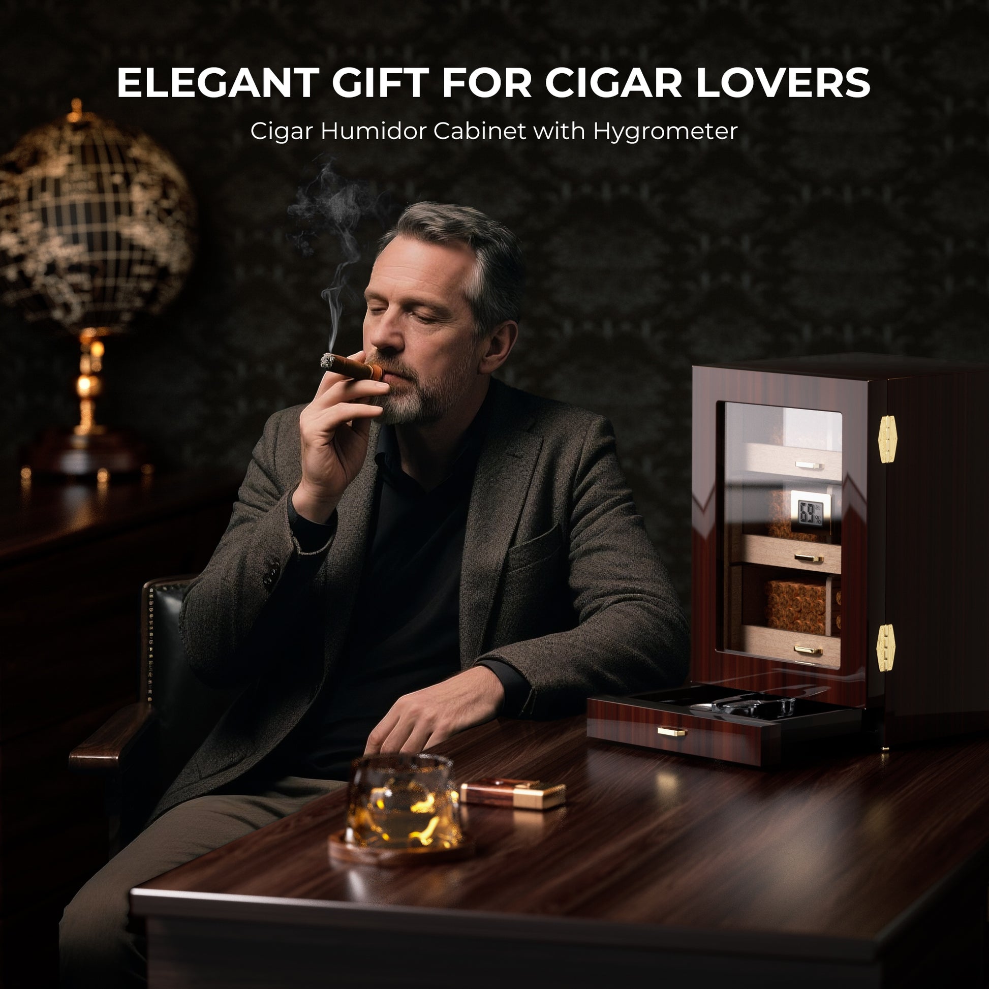 Sophisticated man enjoying a cigar beside the glossy ebony humidor, positioning it as an elegant gift for cigar lovers in a luxury study setting.