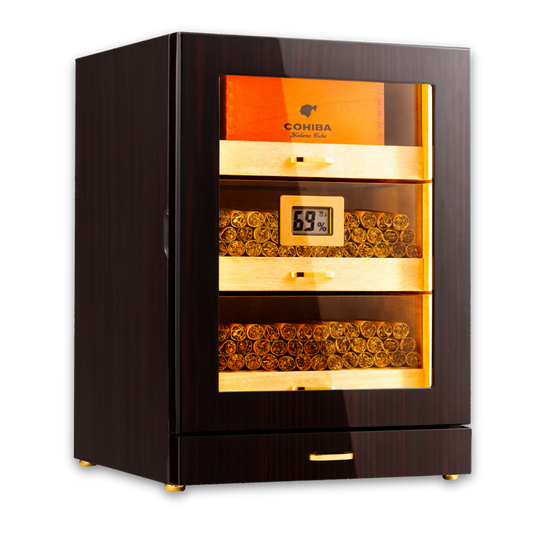 Glossy ebony wood 3-drawer cigar humidor with LED lighting, digital hygrometer, and glass door, ideal for showcasing premium cigar collections.