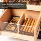 Large Spanish cedar drawers with movable dividers, allowing organized separation of loose cigars and humidification systems.