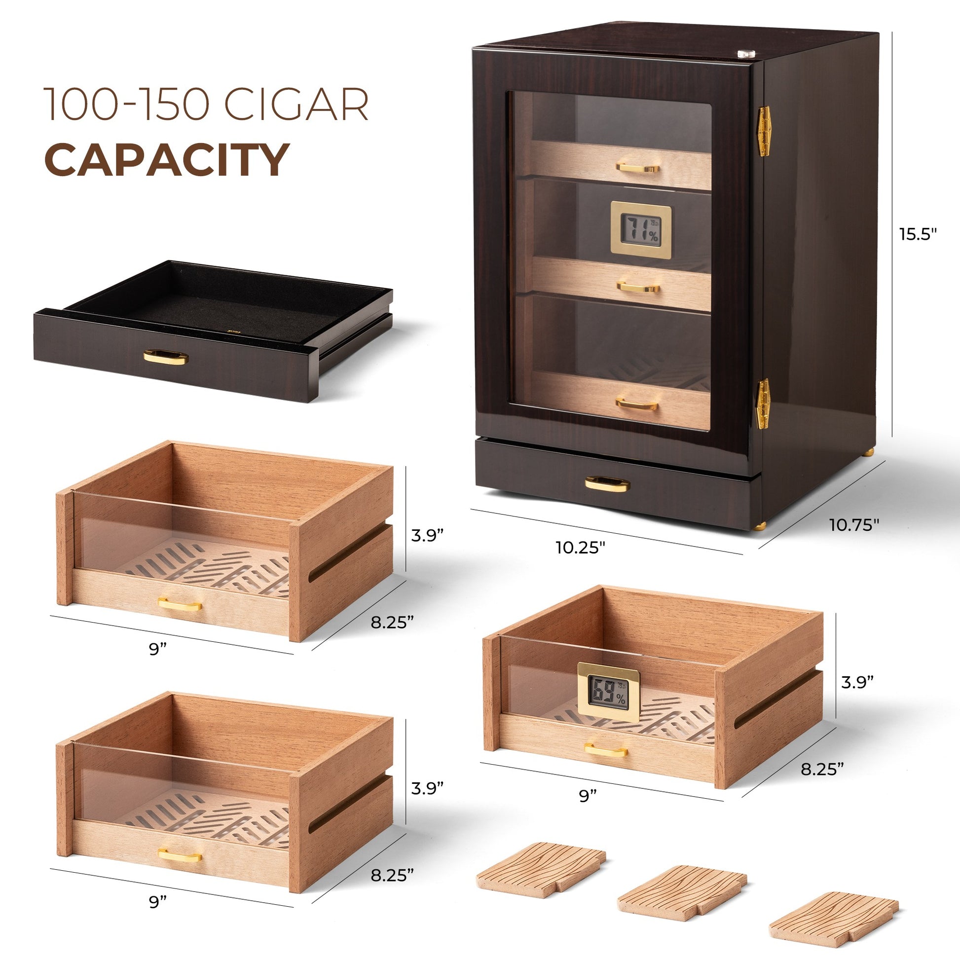100-150 cigar capacity humidor with dimensions 10.25x10.75x15.5 inches, featuring removable drawers and dividers for flexible storage.
