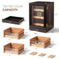 100-150 cigar capacity humidor with dimensions 10.25x10.75x15.5 inches, featuring removable drawers and dividers for flexible storage.