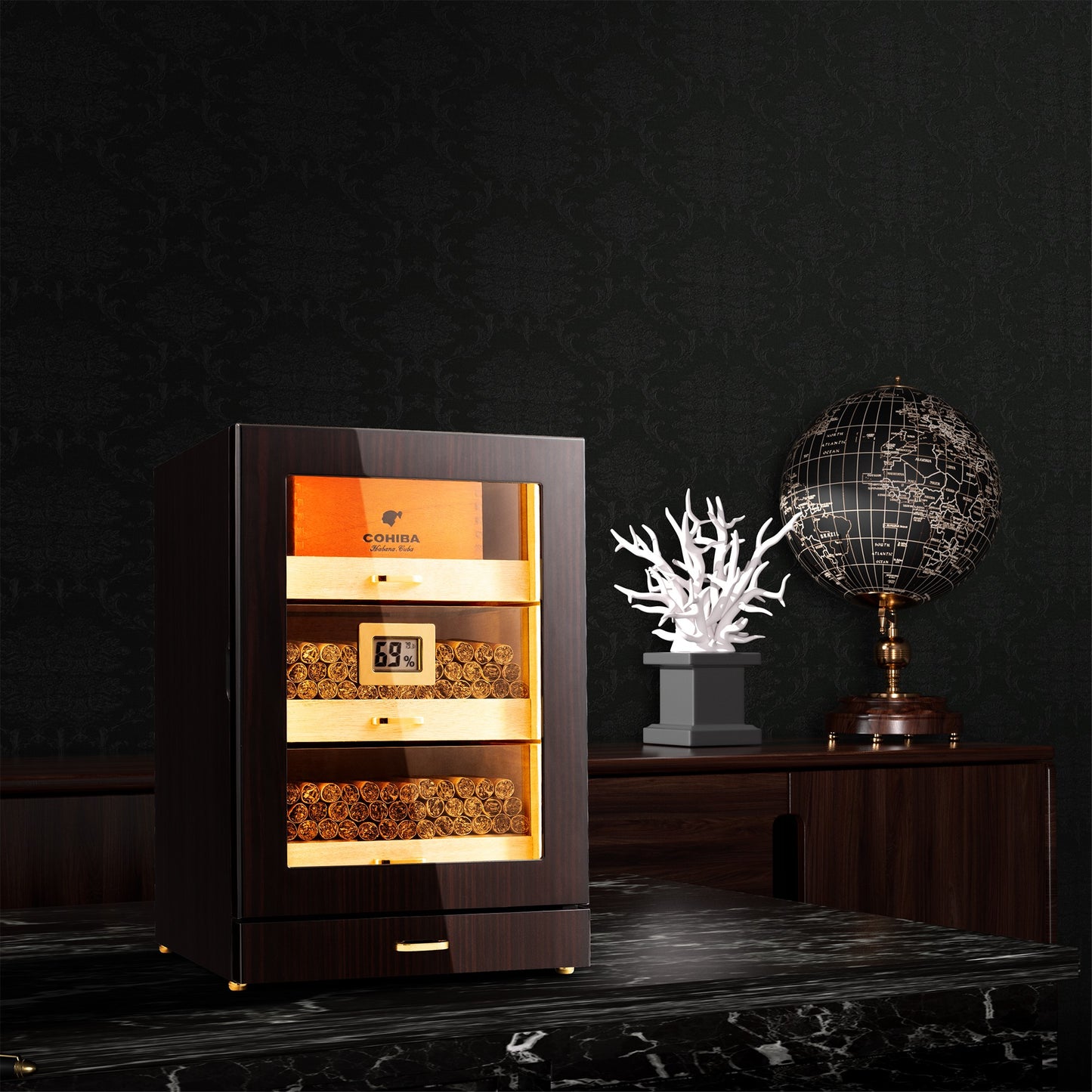 Glossy ebony cigar humidor displayed in a sophisticated home office, paired with decor for elegant luxury styling.