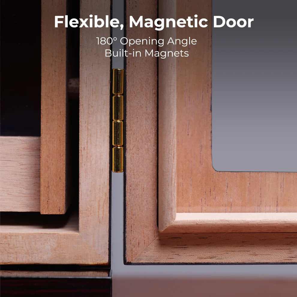 Flexible magnetic door with 180° opening angle and shock-absorbing hinges, ensuring airtight closure and easy access.