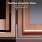 Flexible magnetic door with 180° opening angle and shock-absorbing hinges, ensuring airtight closure and easy access.