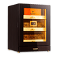 Glossy ebony wood 3-drawer cigar humidor with LED lighting, digital hygrometer, and glass door, ideal for showcasing premium cigar collections.