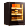 Glossy ebony wood 3-drawer cigar humidor with LED lighting, digital hygrometer, and glass door, ideal for showcasing premium cigar collections.