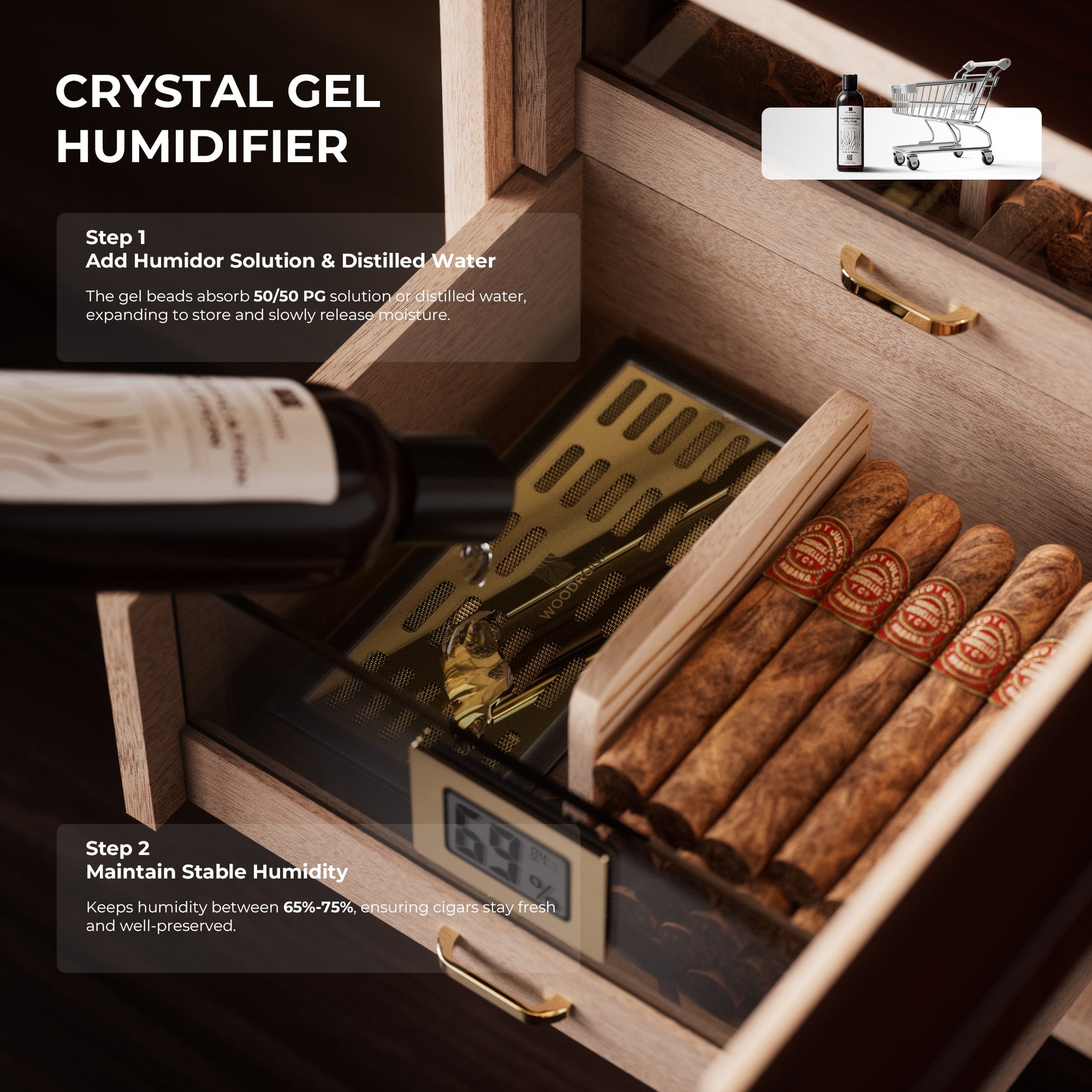 Step-by-step demo of crystal gel humidifier: adding solution to maintain 65-75% humidity for optimal cigar preservation.