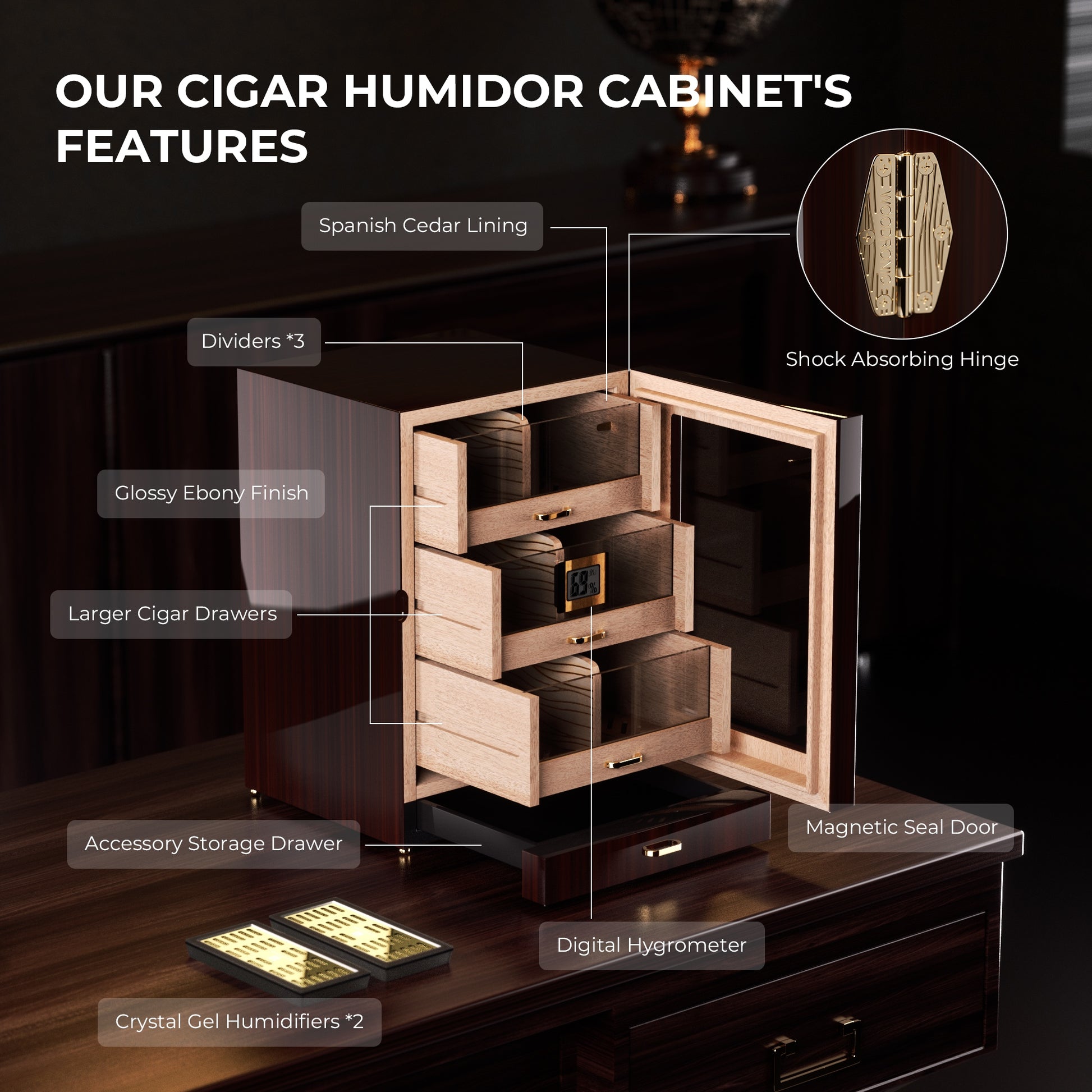 Infographic of key features: glossy ebony finish, Spanish cedar lining, digital hygrometer, magnetic seal door, and accessory drawer.