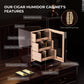 Infographic of key features: glossy ebony finish, Spanish cedar lining, digital hygrometer, magnetic seal door, and accessory drawer.
