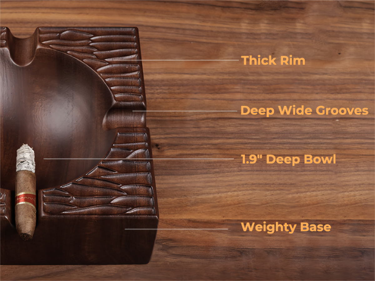 Square ashtray features: thick rim, deep wide grooves, 1.9" deep bowl, and weighty base for stability.