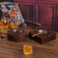 Square and round walnut ashtrays displayed in a classic home bar setup, ideal for cigar lounge decor.