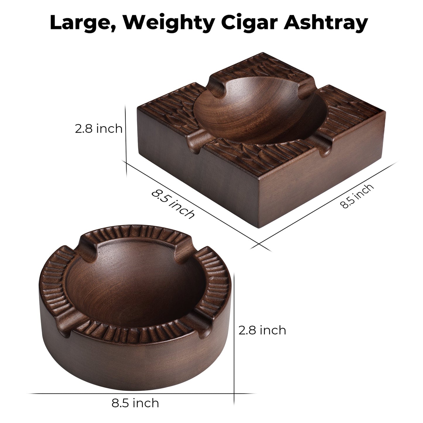 Square and round wooden cigar ashtrays, both 8.5"x2.8", showcasing size and design options.