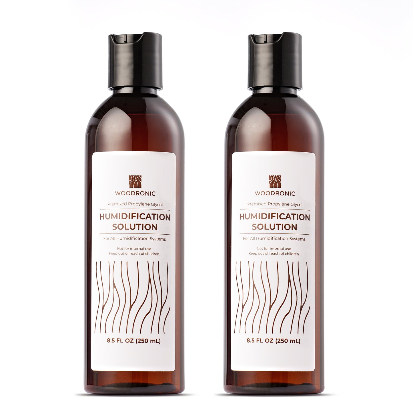 Twin pack of 8.5oz Woodronic humidor humidification solution, ideal for long-term cigar storage maintenance.