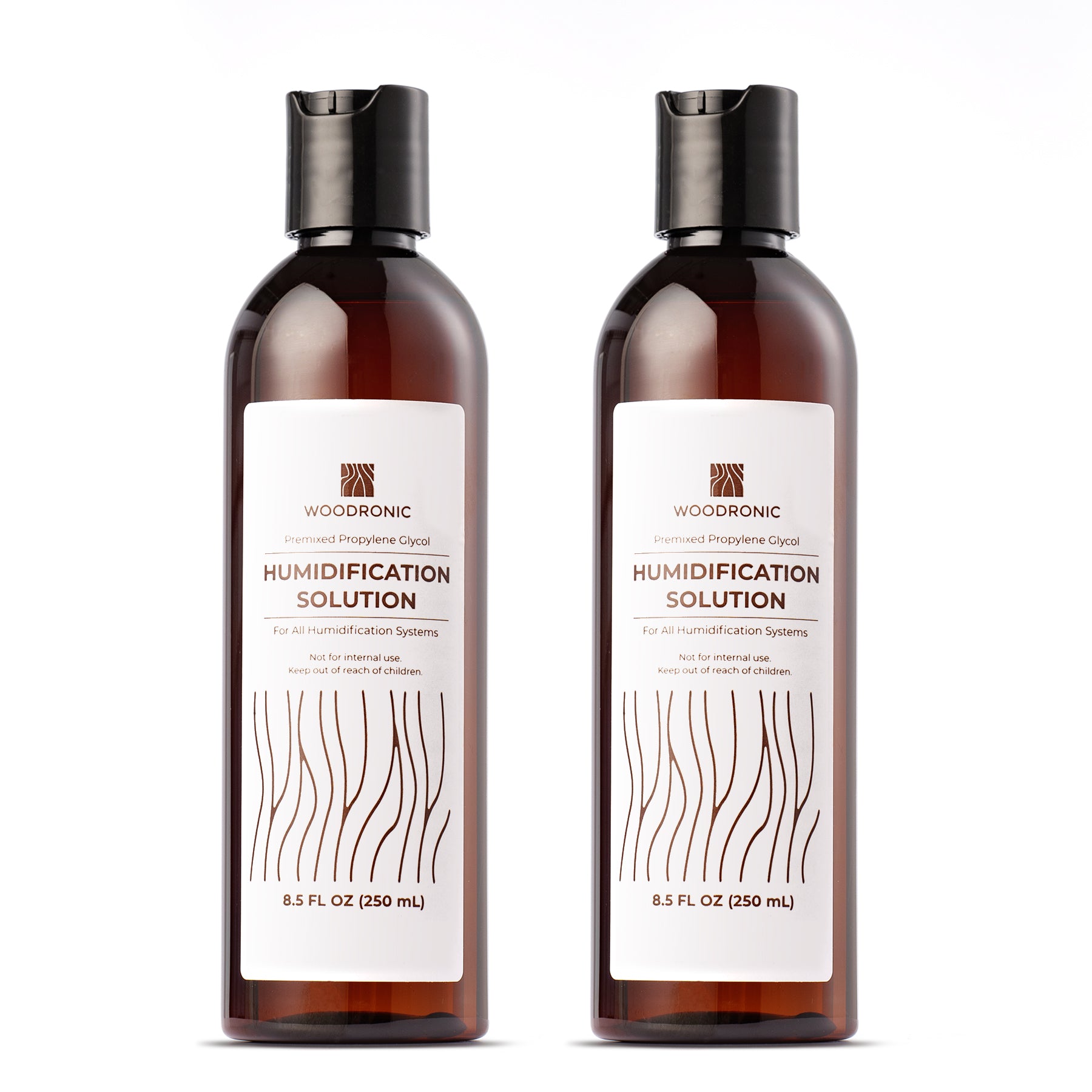 Twin pack of 8.5oz Woodronic humidor humidification solution, ideal for long-term cigar storage maintenance.