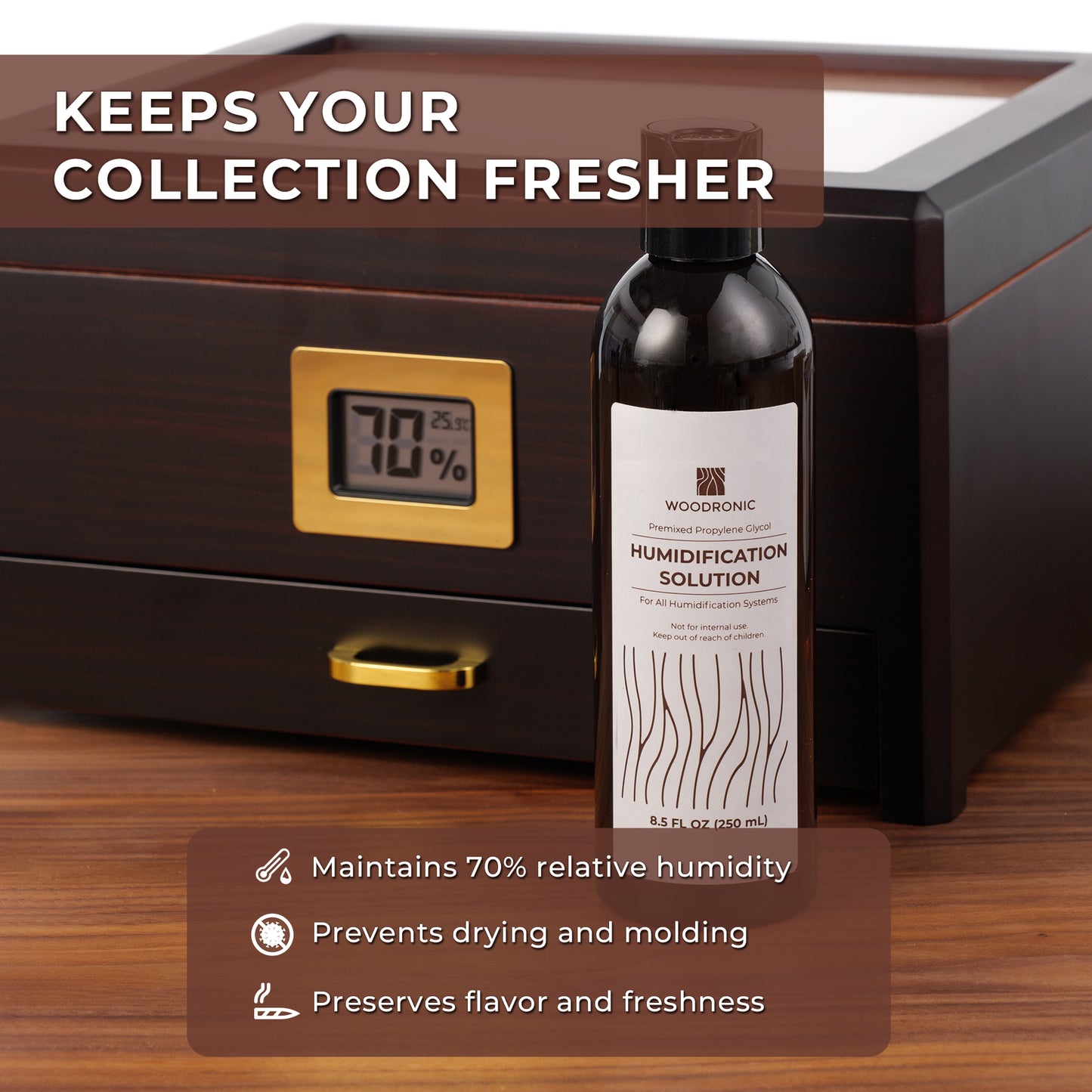 Humidor solution maintains 70% RH, prevents cigar drying/molding, and preserves flavor and freshness.