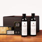 Two humidor solution bottles paired with crystal gel humidifiers and a humidor, showing complete cigar care setup.