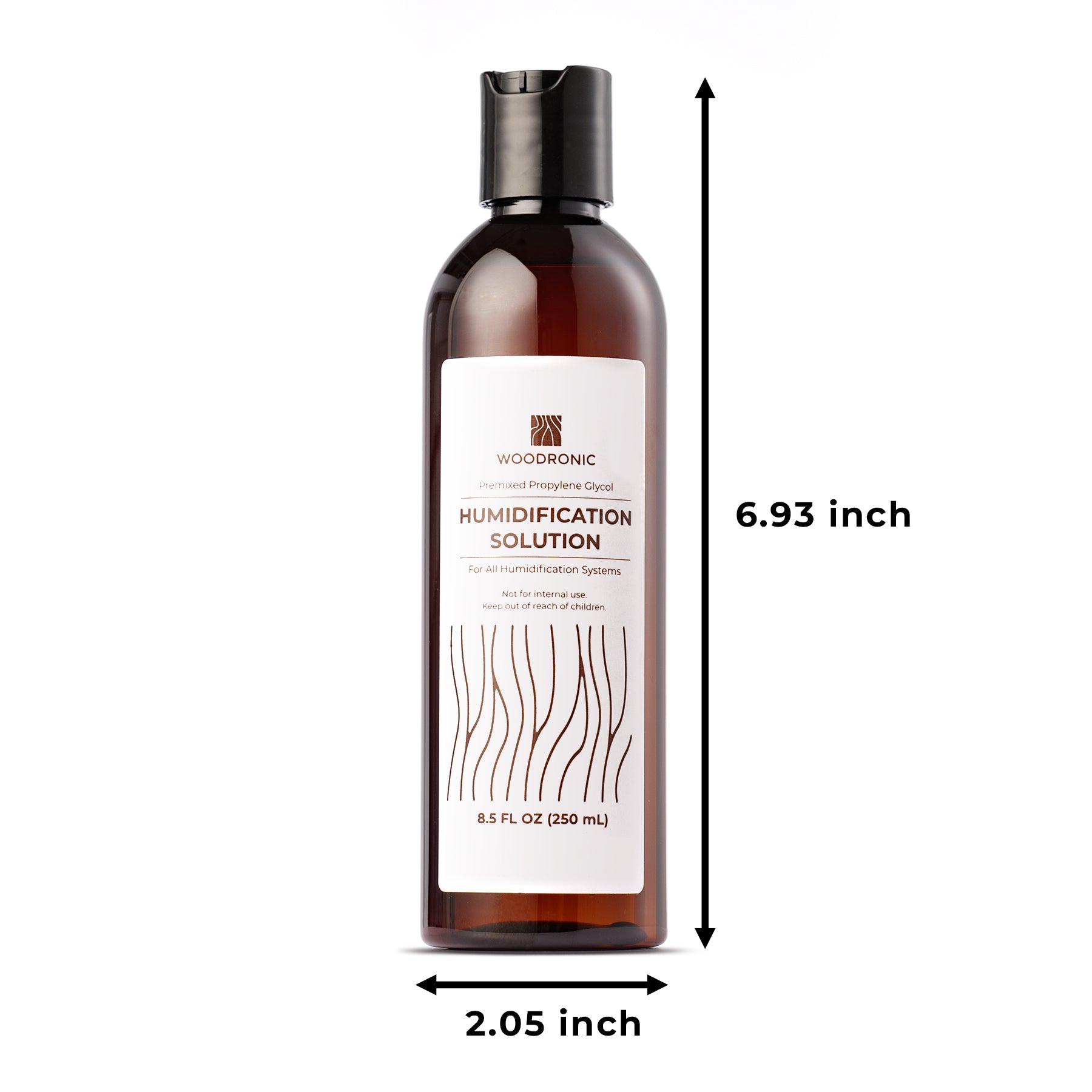 Humidor solution bottle dimensions: 6.93" H x 2.05" W, 8.5oz (250mL) capacity for portable use.