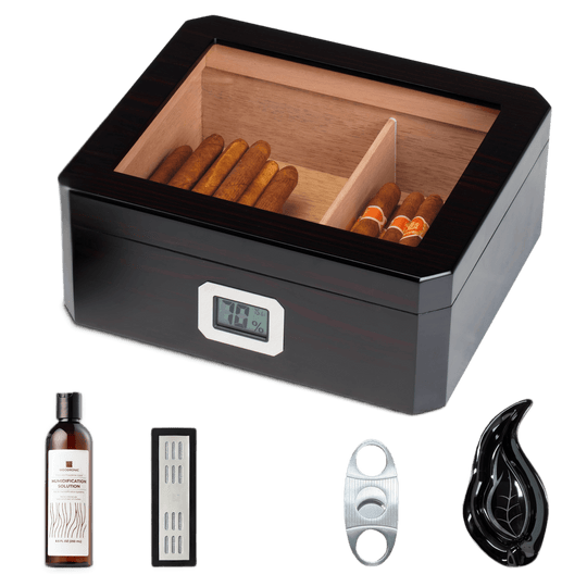WA-5059 | Woodronic Luxury Desktop Cigar Humidor Set | Glass Top Ebony Edition for 50 Cigars