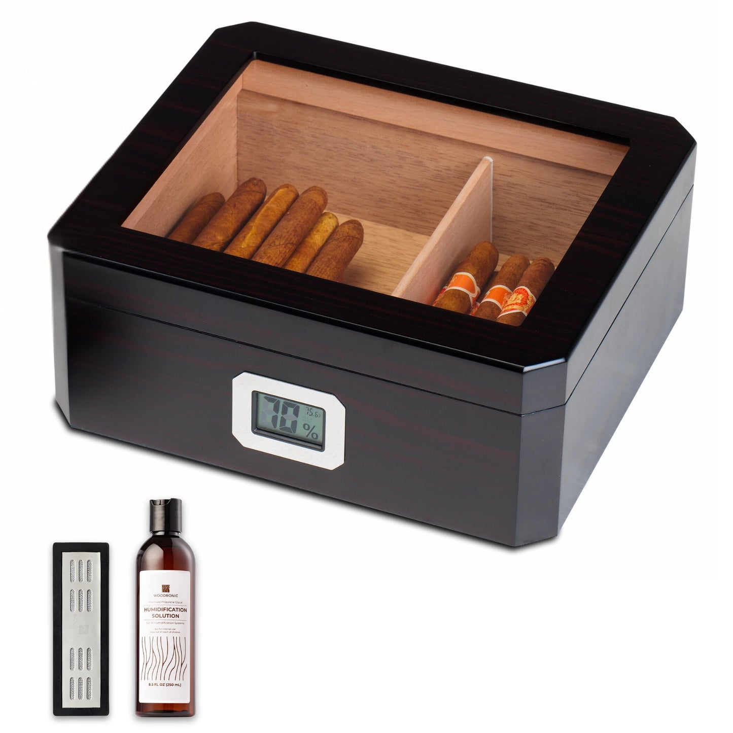 Woodronic Luxury Desktop Cigar Humidor Set | Glass Top Ebony Edition for 50 Cigars