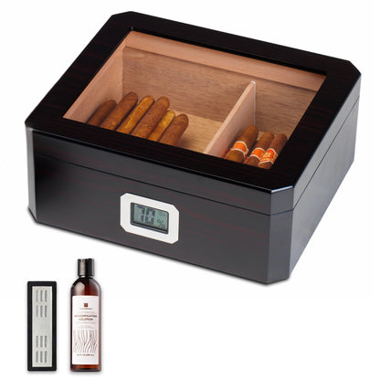 Woodronic Luxury Desktop Cigar Humidor Set | Glass Top Ebony Edition for 50 Cigars