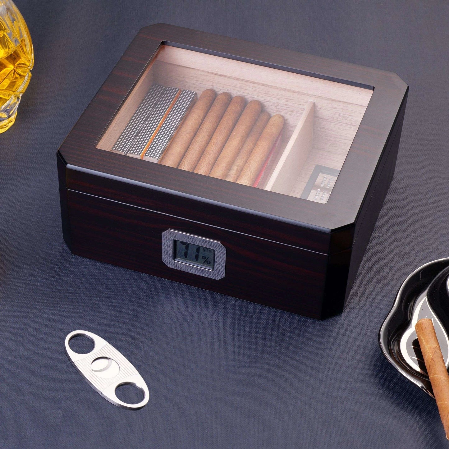 Woodronic Luxury Desktop Cigar Humidor Set | Glass Top Ebony Edition for 50 Cigars