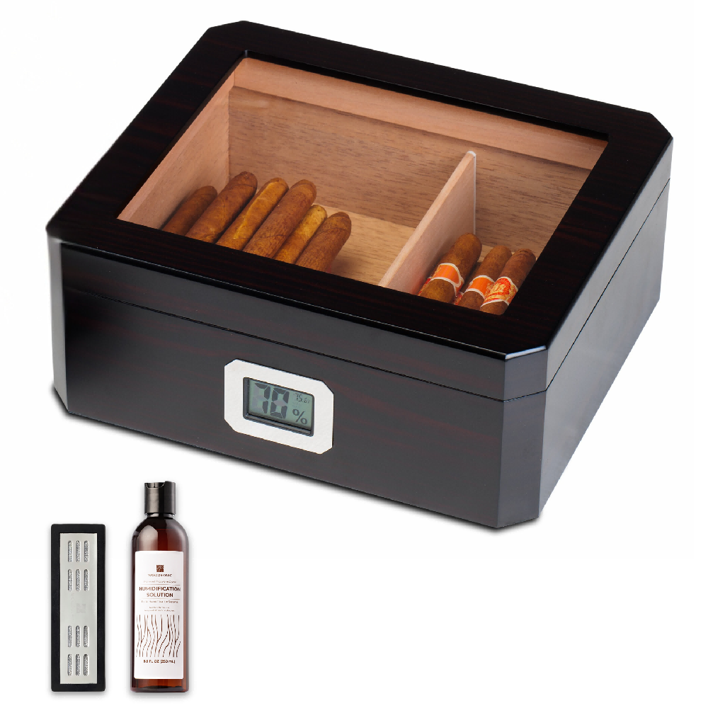 An open dark wooden cigar humidor with cigars inside, paired with the crystal gel humidifier and humidor solution, highlighting the core humidification system, set against a white background.