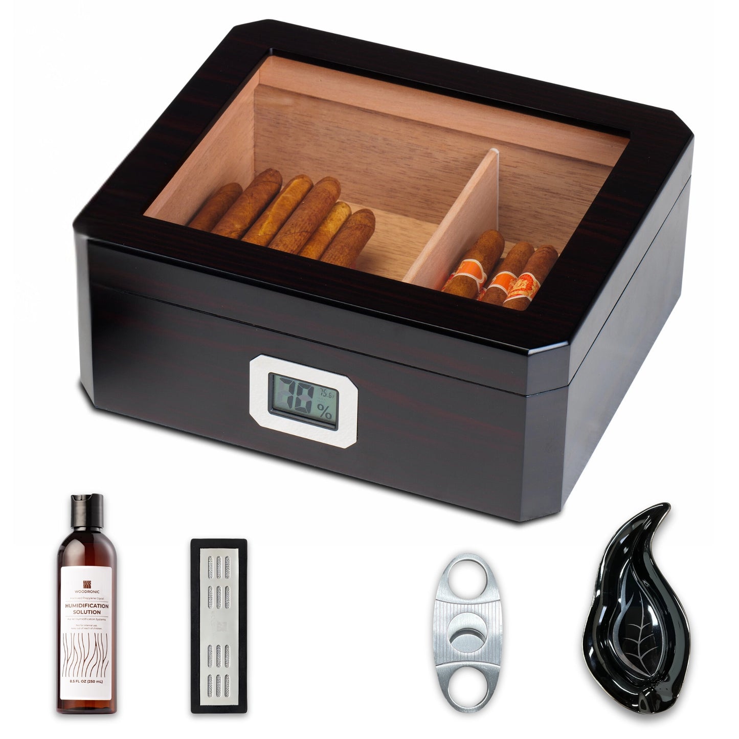 Woodronic Luxury Desktop Cigar Humidor Set | Glass Top Ebony Edition for 50 Cigars