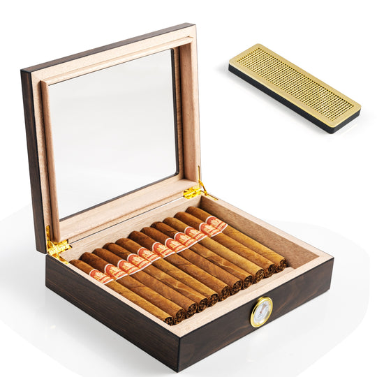 Woodronic Custom Desktop Cigar Humidor: Glass Top Humidor Box with Cedar Divider for 25 Cigars
