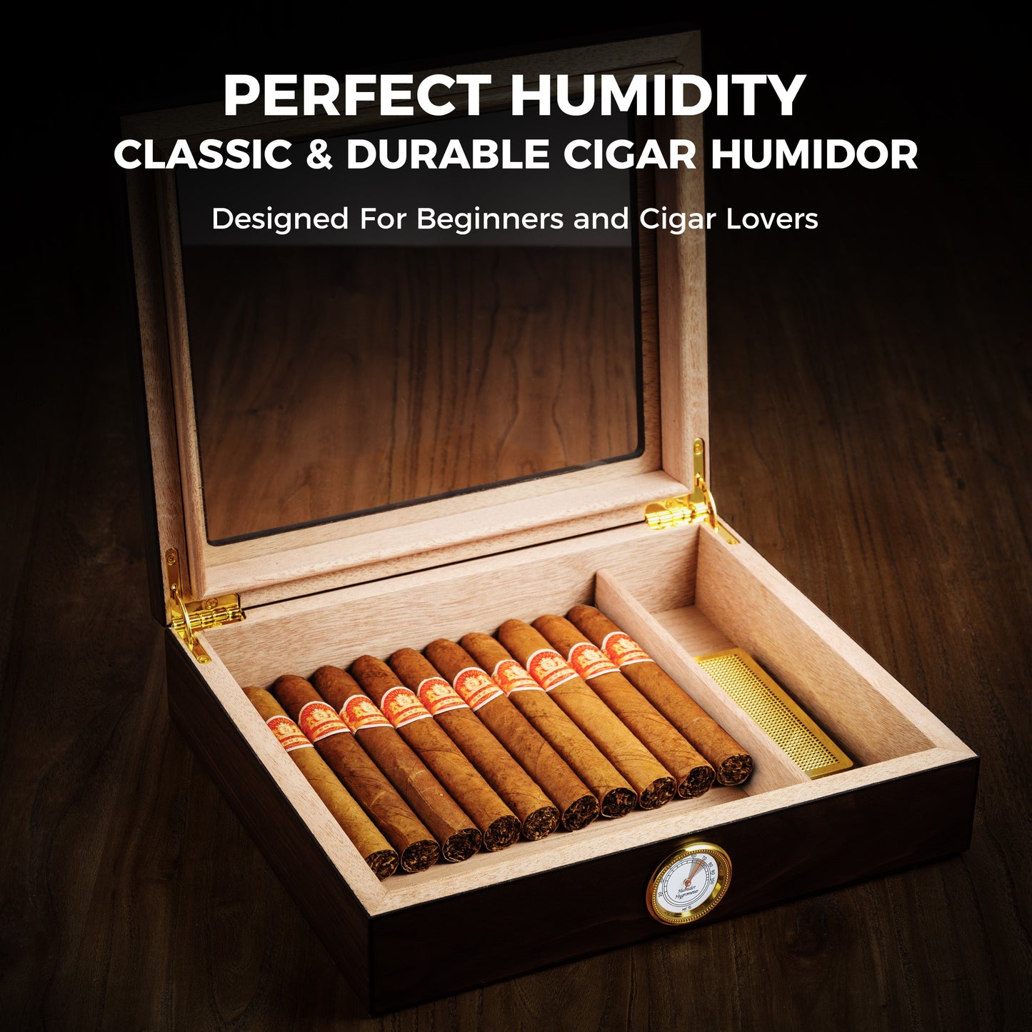 A lifestyle shot of an open cigar humidor on a rustic wooden surface, with text overlay "PERFECT HUMIDITY CLASSIC & DURABLE CIGAR HUMIDOR Designed For Beginners and Cigar Lovers".